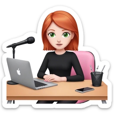 Redhead with green eyes sat at desk with pink MacBook and  podcast microphone black top and pink chair  sticker