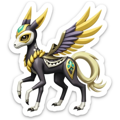Arrow-patterned chevron-marked Big-eyed anime-styled Colorful Shiny Tribal Skeletal masked armored Meloetta-Silvally-Solgaleo-Raikou-Pokémon-Digimon-Fakémon-fusion-hybrid-creature, full body sticker
