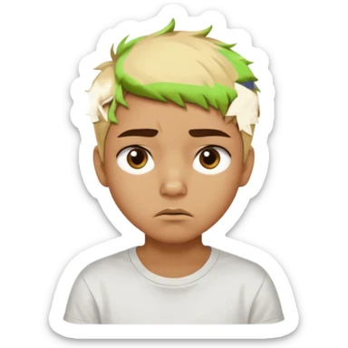 caramel skin color. Teen age. Short buzz, messy blonde hair, dark brown bushy eyebrows large expressive golden-brown eyes, brown skin color, scar over nose, wearing a plain white t-shirt. Disappointed thinking facial expression. caramel skin color sticker