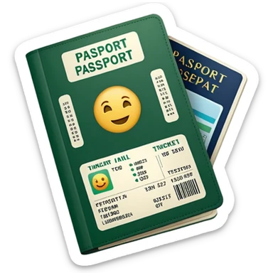 white passport with embedded airline tickets, dark green details on tickets and passport, rest white, emoji style sticker