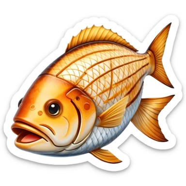 Cinematic Realistic Gradele (Grilled Fish) Dish Emoji, depicted as perfectly grilled fish with a smoky, charred finish rendered with lifelike detail and appetizing, natural lighting. sticker