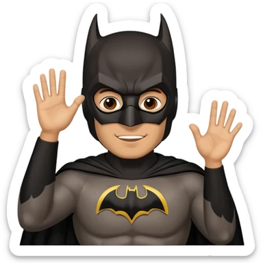 Make a man with brown eyes and dark hair in a Batman costume and mask waving "hello" sticker