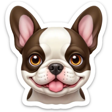 Cinematic Cute Pied French Bulldog Portrait Emoji, Head tilted with a sweet, mischievous grin and large, inviting eyes, featuring a unique pied fur of contrasting colors, simplified yet irresistibly endearing, highly detailed, glowing with a warm, playful radiance, high shine, exuding a quirky charm and affectionate personality, styled with a soft, lighthearted outline, capturing the essence of a cute Pied French Bulldog that looks ready to charm its way into your heart! sticker