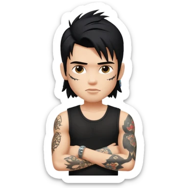 a pretty bratz guy with a black mullet and a sleeveless black top with tattoos on arm sticker