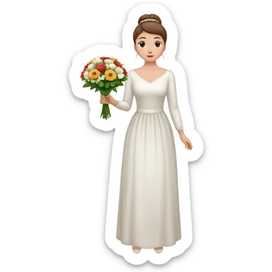 Chica blanca, cabello castaño, recogido en moño alto con mechones, vestido novia de manga larga, cuerpo entero, ramo de flores en una mano sticker