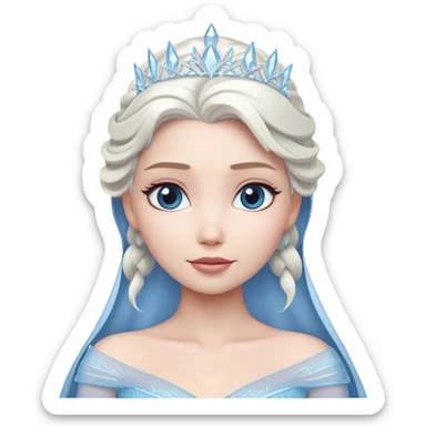 Cinematic Timeless Snow Queen Portrait Emoji, rendered in a clean, vector style. Depict Elsa with icy pale skin, intricately styled platinum hair, and a serene, regal expression, dressed in a minimalist ice-blue gown. The design features bold, simplified shapes, a soft, drowsy crystalline glow, and a subtle glowing outline, capturing the essence of timeless, majestic winter beauty. sticker