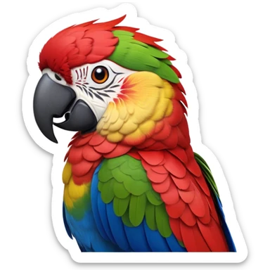 Cinematic Realistic Noble Macaw Portrait Emoji, Poised and majestic, with a robust, vibrant build and meticulously detailed plumage in scarlet, deep blue, and touches of gold, a strong, curved beak and piercing, intelligent eyes, rendered with lifelike feather texture and natural lighting, high shine, commanding and regal, styled with an air of tropical authority, focused and attentive, soft glowing outline, capturing the essence of a watchful and confident macaw that appears ready to soar out of the screen with effortless splendor! sticker
