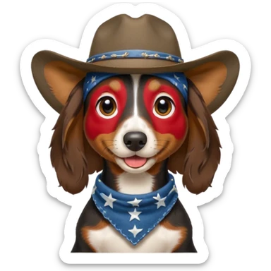 mostly black with some brown long hair daschund with a cowboy hat, ears curl out a bit and bandana and tongue slightly out sticker