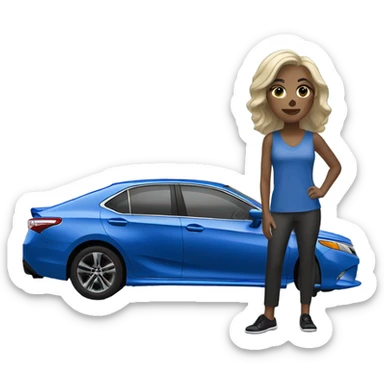 Light skin woman by a blue Toyota Camry XSE sticker