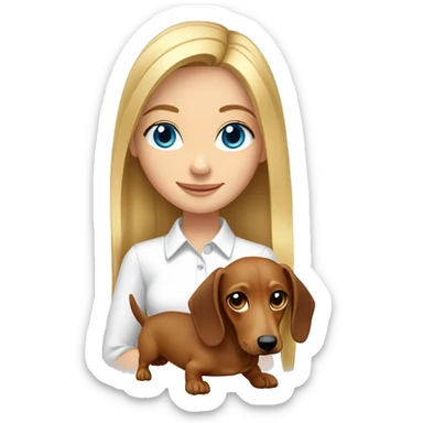 a blonde girl with medium straight hair and blue eyes wearing white shirt and holding her brown dachshund sticker