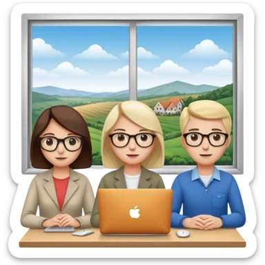 Watching computer Employees of a startup company with a countryside view outside the window sticker