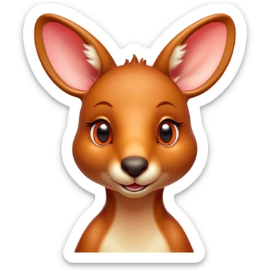 Cinematic Cute Kangaroo Portrait Emoji, Head tilted playfully and inquisitively, featuring a glossy red-orange fur with soft, rounded ears and round, sparkling amber eyes full of curious mischief, Simplified yet irresistibly adorable features, highly detailed, glowing with a warm, friendly glow, high shine, affectionate and bouncy, stylized with a touch of outback whimsy, bright and endearing, soft glowing outline, capturing the essence of a mischievous yet loving kangaroo, so playful it feels like it could hop out of the screen and into your arms! sticker