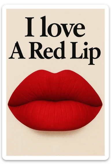 Replace the text with 'I love A Red Lip' while keeping the bold matte red lips and closed mouth style. Preserve the original font and layout. sticker