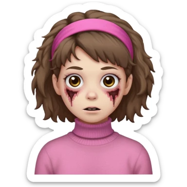brown fluffy haired zombie with pink turtleneck sweater and hair band sticker