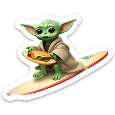 Baby yoda on a surf board while eating a burger and riding a wave sticker