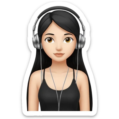 a fair INDIAN girl with straight black long hair, wearing a black cami top. and wearing silver  headphones on sticker