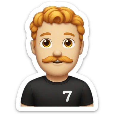 A man with ginger hair, a ginger mustache, and a black T-shirt with the number 17 on it sticker