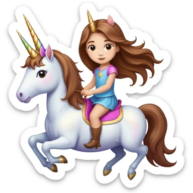 light-skinned little girl with long brown hair riding a unicorn sticker