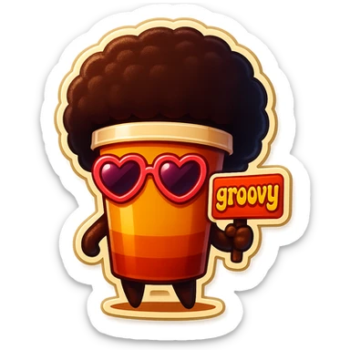 Tall coffee cup, no mouth, afro, heart glasses, holding sign "groovy" sticker