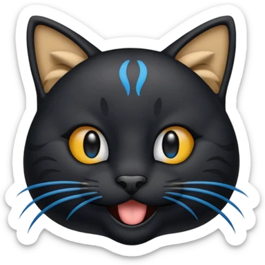 Un emoji de una cara de gato negro riendo a carcajadas, con lágrimas azules brotando de sus ojos cerrados y una boca abierta y sonriente, en el estilo de diseño de emoji clásico. sticker