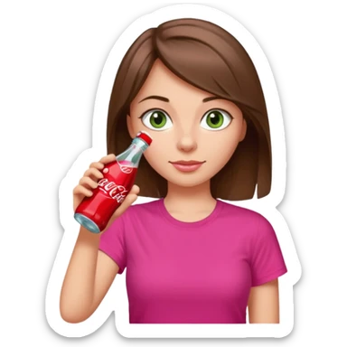 a girl with brown hair and greyish-green eyes wearing a hot pink tshirt, drinking a bottle of coca cola sticker