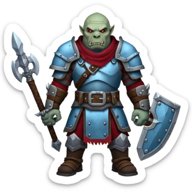 
Fantasy Christmas orc legion soldier icon, iron tundra army theme, heavy winter armor, disciplined brutal look, icy blue steel armor with deep crimson accents, frozen metal texture, cold winter atmosphere, male variant sticker