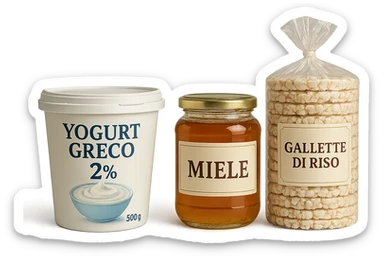 Yogurt Greco 2%
Miele (senza il cucchiaio di legno)
Gallette di Riso
vista frontale, iperrealistico 4k sticker