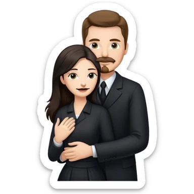 tall white man with brown hair goatee mustache hugging a pale woman with long black hair, wearing elegant clothing sticker