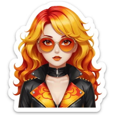 Beautiful gorgeous anime lady with beautiful fiery fiery-warm-red-orange-yellow-gradient-wavy-special-hair, fashion aesthetic, black sunglasses, accessories, gold jewelries, red-and-yellow sunny-pattern-eyes, black latex-suit, biker-woman, cool, badass sticker