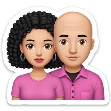 A picture if a couple. the man is a Mexican man with  black hair, a bald hair cut and black shirt on. the woman is mixed with black and white, with curly shoulder length hair and a pink shirt on sticker