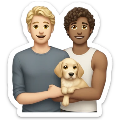 gay couple, both are white, the 1st is brunnet with slightly-curly hair, the 2nd man is Australian brunette , they are holding one light yellow labrador retriever puppy sticker