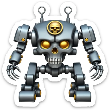 four-armed skull-headed tank mech with four mechanical arms with guns, skull head with cables, tank tread lower body, aggressive expression, shiny metal with minimal color accents, preserve all proportions, pose, and details, apple emoji style sticker