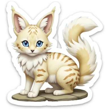 Albino-pure-snow-white, blue-eyed soft natural realistic romantic vintage antique divine beautiful elegant pretty precious cute young youthful  Fakémon-Pokémon-feline-Zeraora-Jolteon-serval-caracal-chinchilla-Minccino-Cinccino-Meowstic-rodent-hybrid-creature with a big fluffy bushy tail (full body) sticker