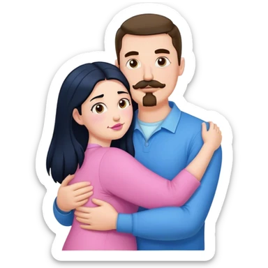 Tall strong white man with brown mustache goatee wearing blue hugging a chubby short pale woman with long black hair wearing pink sticker