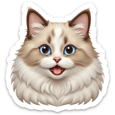 cinematic-adorable-big-eyed-fluffy-brown and white ragdoll-cat-portrait-emoji,-head-tilted-playfully-with-a-cute,-yawn,-soft-brown-and white-colored-fur-with-darker-points-on-the-ears,-simplified-yet-irresistibly-cute-features, sparkling blue eyes sticker