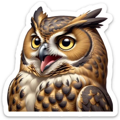 Cinematic Cute Yawning Great Horned Owl Portrait Emoji, Head tilted slightly with a dramatic, wide-open yawn, showcasing a soft, downy mottled plumage with gently drooping feathers, round golden eyes barely open in drowsy contentment, Simplified yet irresistibly adorable features, highly detailed, glowing with a soft, cozy glow, high shine, relaxed yet expressive, stylized with a touch of nocturnal whimsy, bright and endearing, soft glowing outline, capturing the essence of a sleepy yet affectionate owl, so drowsy it feels like it could glide out of the screen and curl up for a nap! sticker