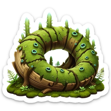 A serpentine creature with a segmented body resembling moss-covered logs, many eyes, featuring bioluminescent fungi growing along its spine that pulse hypnotically when it hunts at night.

 sticker
