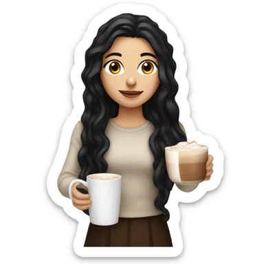 white girl with black long hair and a hot chocolate sticker