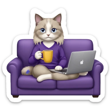 a cute blue eyed brown and white ragdoll cat with white paws and brown and beige tail wearing the dark violet sweater with yellow letteting "Milena" sitting on the grey sofa with grey laptop Lenovo and drinking coffee sticker