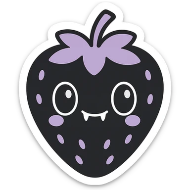 kawaii style gothic strawberry, happy face, black and purple colors, sparkling eyes, tiny fangs, adorable and spooky sticker