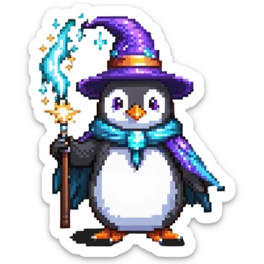 Penguin wizard casting a magic spell, with magical sparkles sticker