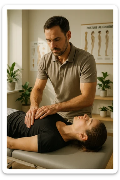 A realistic, cinematic illustration of a professional osteopath in his late 30s, wearing a fitted polo shirt in a neutral color, performing gentle manual manipulations on a patient to improve posture. The osteopath uses precise hand placement along the patient's upper back and cervical spine while the patient lies on a comfortable treatment table in a bright, modern clinic. Anatomical posters showing the spine and posture alignment are on the wall, and the room has warm, natural lighting with plants for a calming atmosphere. The scene emphasizes hands-on osteopathic care to restore body alignment, spinal mobility, and posture, showcasing trust, professionalism, and holistic care sticker