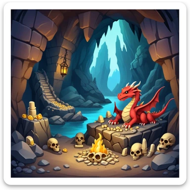 Dragon lair in a mountain cave with treasure piles and bones sticker