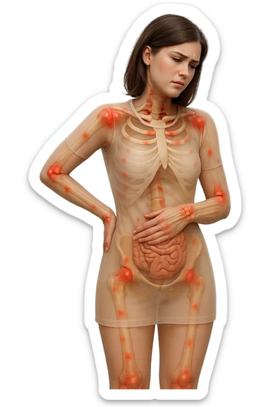 donna realistica a figura intera con red spot sparsi alle ossa, ossa del corpo visibili sul corpo, non sul volto iperrealistico 4k sticker