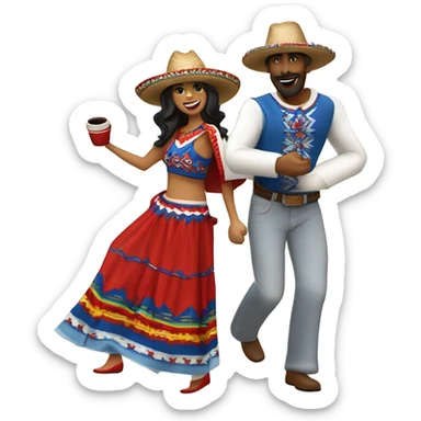 pareja de hombre y mujer bailando danza folcórica chilena llamada cueca. El hombre usa sombrero de huaso y poncho con colores cafés y la mujer usa vestido blanco con detalles rojos y azules sticker