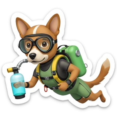 dog wearing scuba green gear dive into the sea with diver mask and oxygen tank sticker