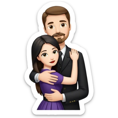 tall white man with brown hair goatee mustache hugging a pale woman with long black hair, wearing formal clothing sticker