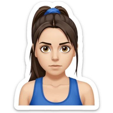 Melanie C with hazel eyes, dark brown long ponytail hair, blue tank top sticker