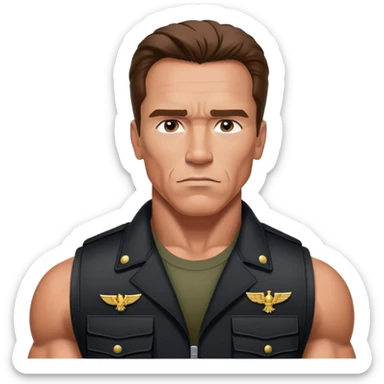 Young Arnold Schwarzenegger from the Commando poster wearing a black military vest that has no logos on it with war makeup on ready to fight (seen above the chest) sticker