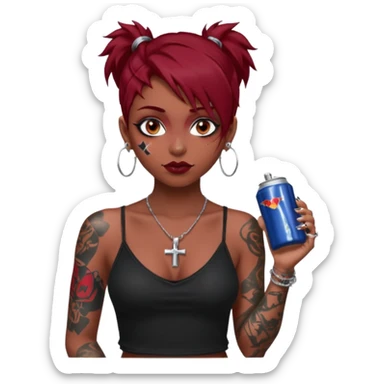 generate an ios genmoji of a girl with dark red messy hair with eyeliner on her eyes.  septum piercing, wearing a cami black top, has tattoos, on shoulders. ear piercings. wearing a cross silver necklace. Holding a redbull. dusky skin color.  sticker